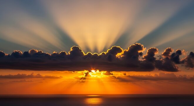 Golden sun rays breaking through dark clouds over a calm ocean