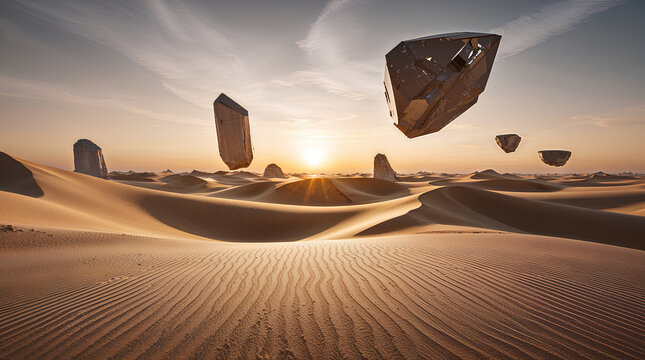 Futuristic desert landscape at sunset with mysterious geometric floating objects and monoliths under a golden sky.