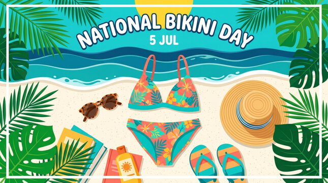 Colorful bikini sunglasses and flip flops arranged on sandy beach with tropical leaves and ocean waves celebrating national bikini day