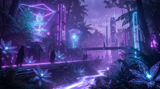 Futuristic glowing forest with neon structures and exotic flora