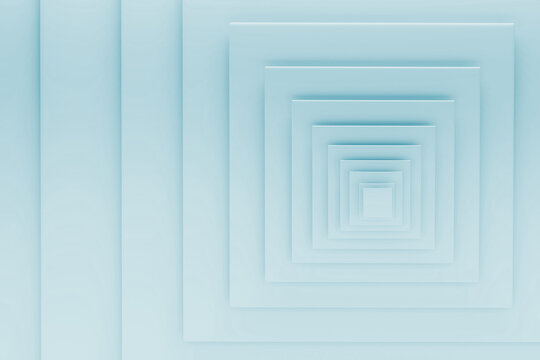 Clean blue concentric squares recede in perfect recursive tunnel, creating soft depth, luminous symmetry edges. Abstract geometric minimal background. For modern tech interface, minimalist websites.