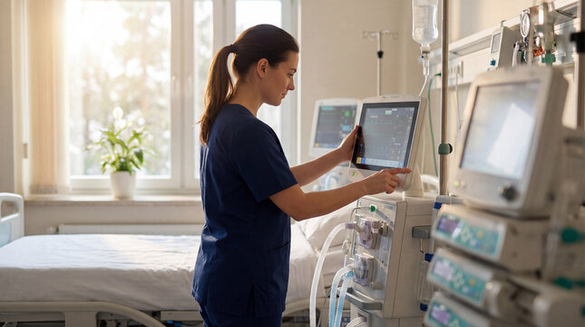 Nurse operating medical ventilator in hospital icu room providing critical patient care with advanced life support technology