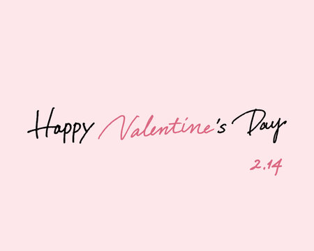 手書きの「Happy Valentine's Day」カリグラフィ文字素材。薄いピンク背景に黒とピンクのおしゃれな英語ロゴデザイン