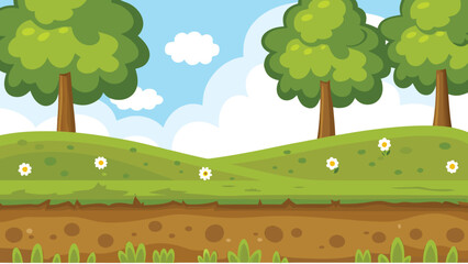 Cartoon landscape with trees hills and a blue sky © PUNNABEGUM