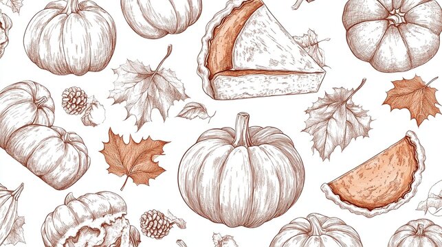 Monochrome line art sketch pattern on white background, detailed shaded drawings of whole and sliced pumpkins plus pumpkin pie, rustic fall themed decorative design