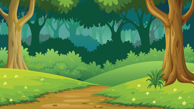 Cartoon style forest scene with green foliage and dirt path