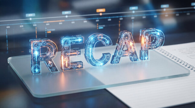 Holographic 3d recap text visualizing a detailed business summary, combining technology with data analysis for strategic insights