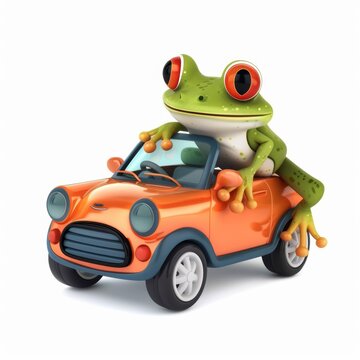 Frog drives toy car with bright colors and cheerful expression in a fun scene