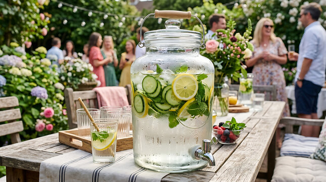 Large glass beverage dispenser filled with infused cucumber, lemon, and mint water, perfect for outdoor gatherings.
