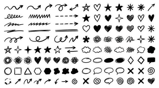 Hand-Drawn Doodle Icons and Symbols Arrows, Hearts, Stars, and Shapes