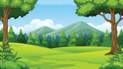 Cartoon style forest landscape with green hills and mountains © PUNNABEGUM