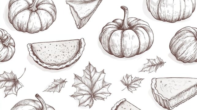 Monochrome line art sketch pattern on white background, detailed shaded drawings of whole and sliced pumpkins plus pumpkin pie, rustic fall themed decorative design