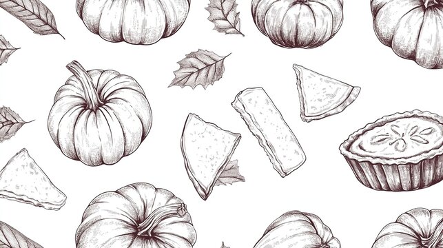 Monochrome line art sketch pattern on white background, detailed shaded drawings of whole and sliced pumpkins plus pumpkin pie, rustic fall themed decorative design