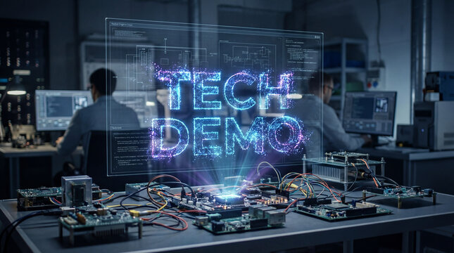 Engineers demonstrating holographic augmented reality tech demo interface over electronic components in a high tech laboratory