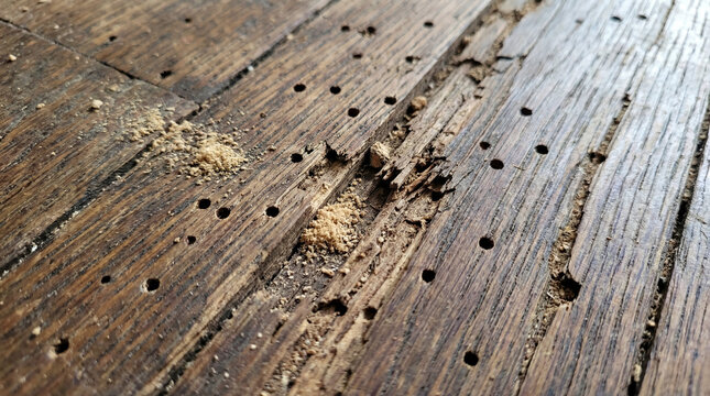 Wooden floorboards severely damaged by woodworms and pests, showing frass and holes in decaying timber surface