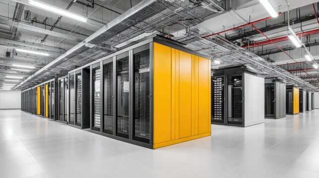 Modern data center with rows of server racks and yellow accent cabinets