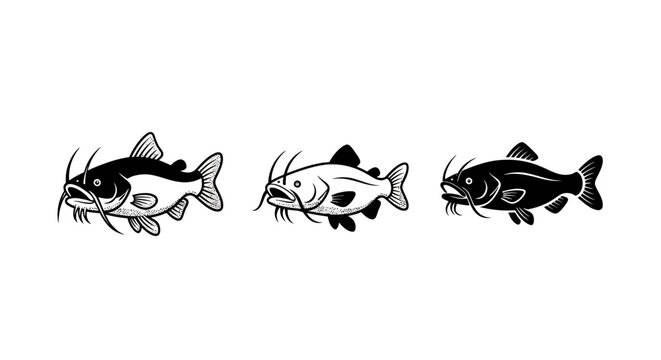 Three distinct black and white fish illustrations side by side.