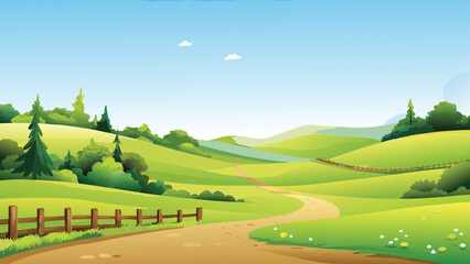 Rolling green hills and winding path vector landscape illustration © PUNNABEGUM