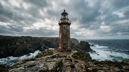 Fototapeta premium Dramatic Lighthouse Standing Tall on Rocky Coastline Under Stormy Skies.