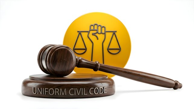 Uniform Civil Code Concept with Wooden Gavel and Scales of Justice Emblem on White Background