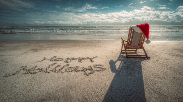 Beach chair with holiday greeting written in sand by the ocean during a sunny day with clouds in the sky