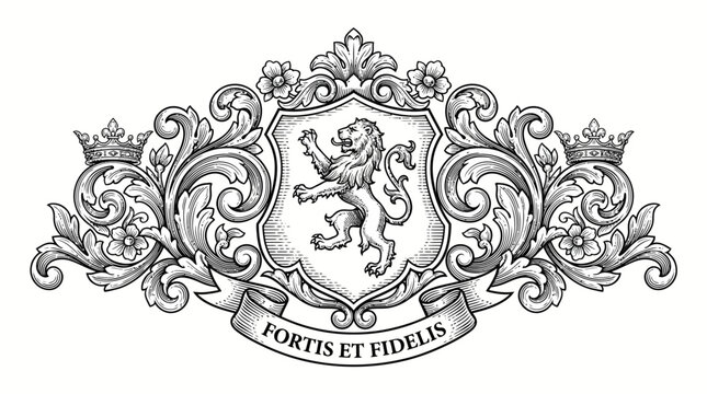 Classic Heraldic Shield with Lion Rampant, Crowns and Ornate Baroque Scrolls, "Fortis et Fidelis" Motto, Isolated White Background