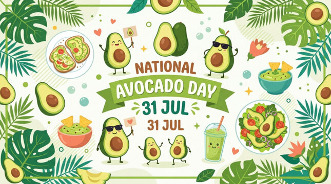 Cute avocado characters celebrating national avocado day with food drinks and tropical leaves on july 31st