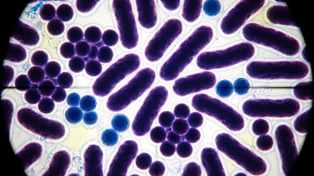 Microscopic view of bacteria and cocci under a microscope.