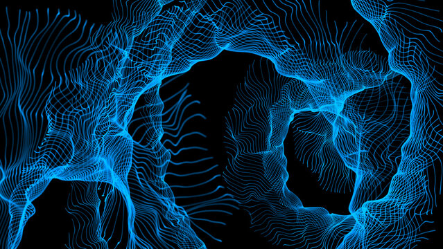 abstract motion wave blue dots with glowing defocused particles background 4k video 