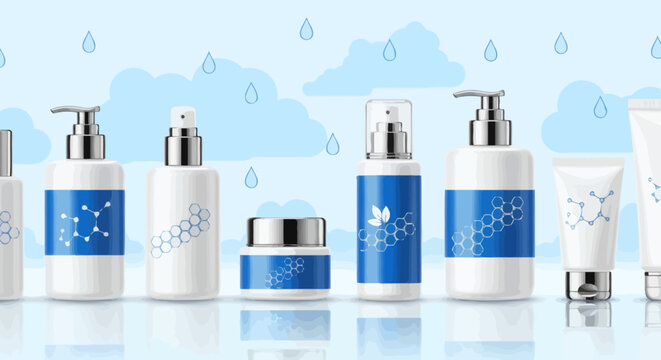 Cosmetic bottles with blue labels and a rainy sky background, showcasing skincare products