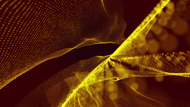 Abstract background with glowing golden particles flying, movement of a stream of glowing bright lines of particles. Seamless loop 4k.
