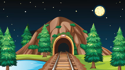 Mountain tunnel with railroad tracks under a starry night sky © PUNNABEGUM