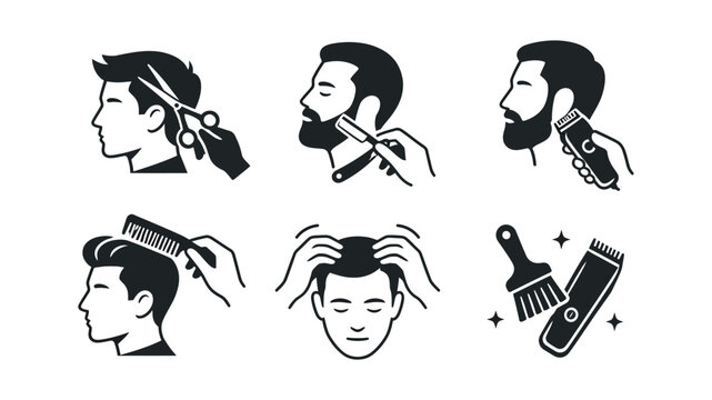 Professional men grooming icons featuring hair cutting beard trimming straight razor shaving and styling tools