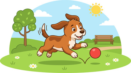 Fototapeta premium Happy Dog Playing with Ball in Park Cartoon Vector Illustration for Outdoor Pet and Animal Designs