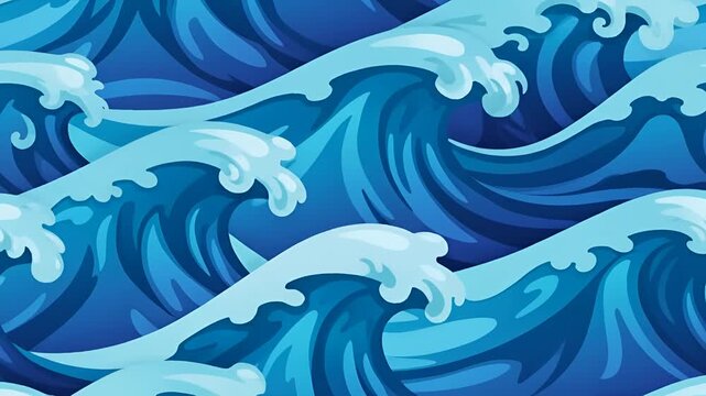 Stylized Blue Ocean Waves Seamless Pattern Animation.