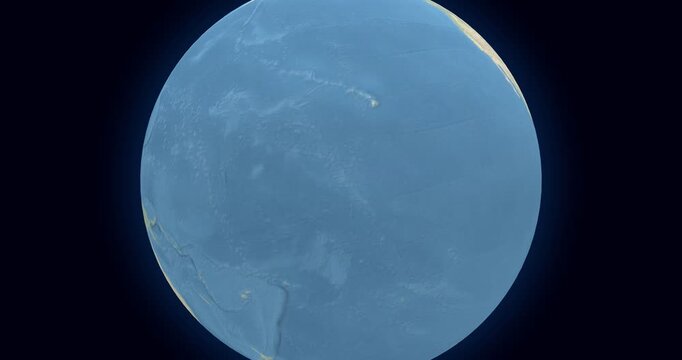 United States Minor Outlying Islands on Globe. Zoom into the country with Earth spinning on dark background. Physical world map with United States Minor Outlying Islands and label on it.
