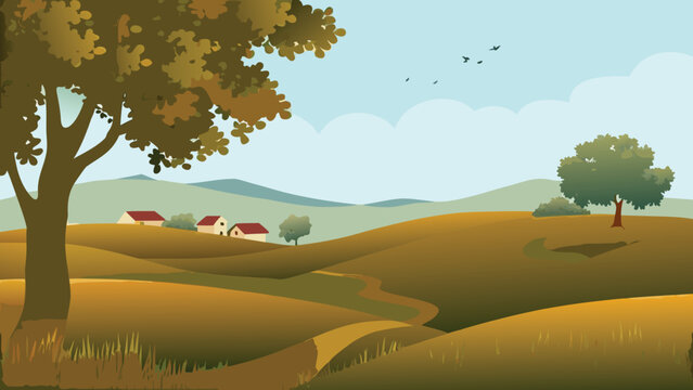 Rural landscape illustration with rolling hills and trees