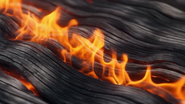 Macro Burning Charred Wood Texture with Glowing Fire Flames