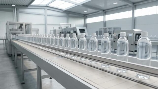 Modern manufacturing facility with assembly line showcasing transparent water bottles being processed, bright and clean environment