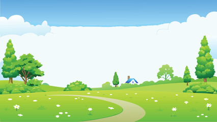 Green landscape with trees path and blue sky vector illustration © PUNNABEGUM