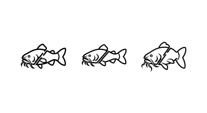 Illustrated series of three stylized freshwater catfish swimming.