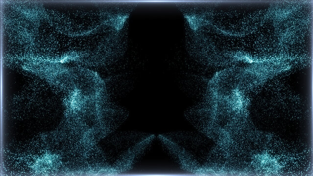 Soft blue particles form a gentle flowing wave on a dark background,