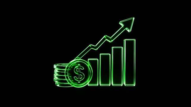 Glass Bar Chart Dollar Coin Green Neon Growth 3D Render