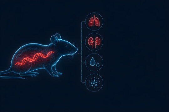 Medical infographics banner with glowing neon rat silhouette, RNA strand, and icons of lungs, kidneys, and fluid droplets, representing hantavirus symptoms and transmission paths.