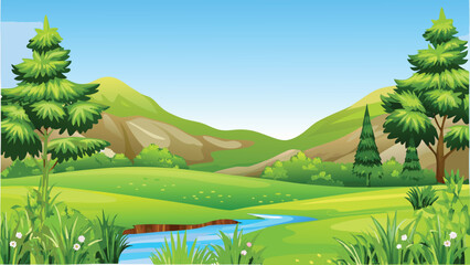 Green landscape with mountains trees and winding blue river © PUNNABEGUM