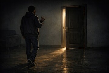 Fototapeta premium A person standing outside an open door, possibly hesitating or unsure about entering