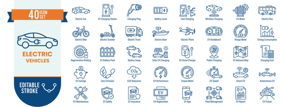 Electric vehicle icon set vector blue outline editable stroke ev car charging station battery sustainable transport graphic design template
