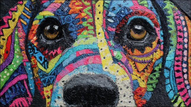 Close up of a colorful dog face artwork with vibrant abstract patterns