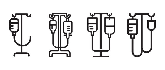 Set of IV drip bag icons with medical stands for hospital treatment in a clean minimalist line art style. © Safali