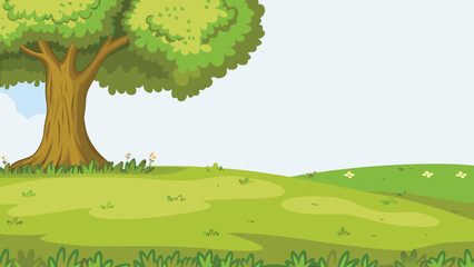 Green landscape with a large tree and grassy field © PUNNABEGUM